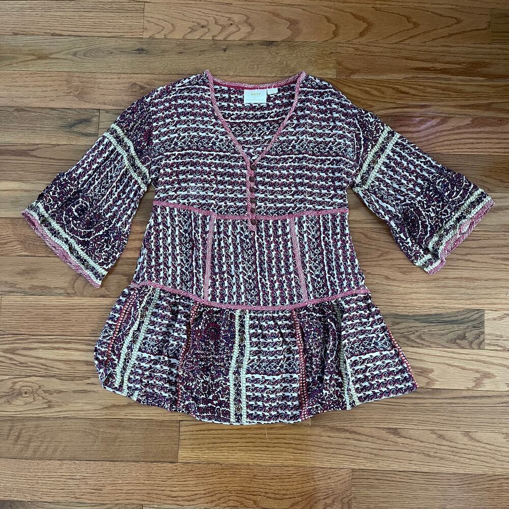 Maeve Anthropologie Lilyana Silk Tunic Top XS Purple Tiered Bell Sleeves Boho